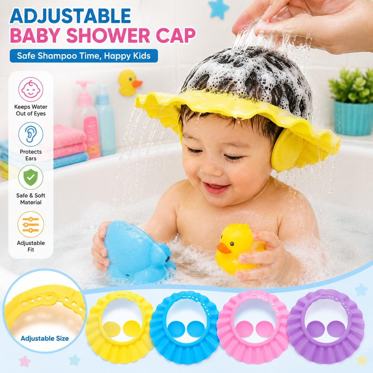 Baby Shower Cap With Stopper | Silicon Baby Shower Cap | Soft & Safe Material | Random Color