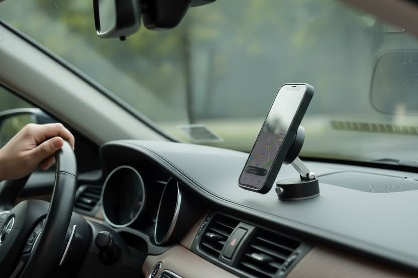 Premium Suction Cup Magnetic Support Holder – Obsidian Black Multi-Angle Retractable Folding Phone Mount for Car, Desk